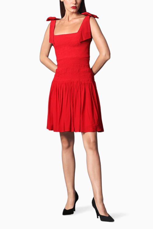 Red Square Neckline Smocking Dress