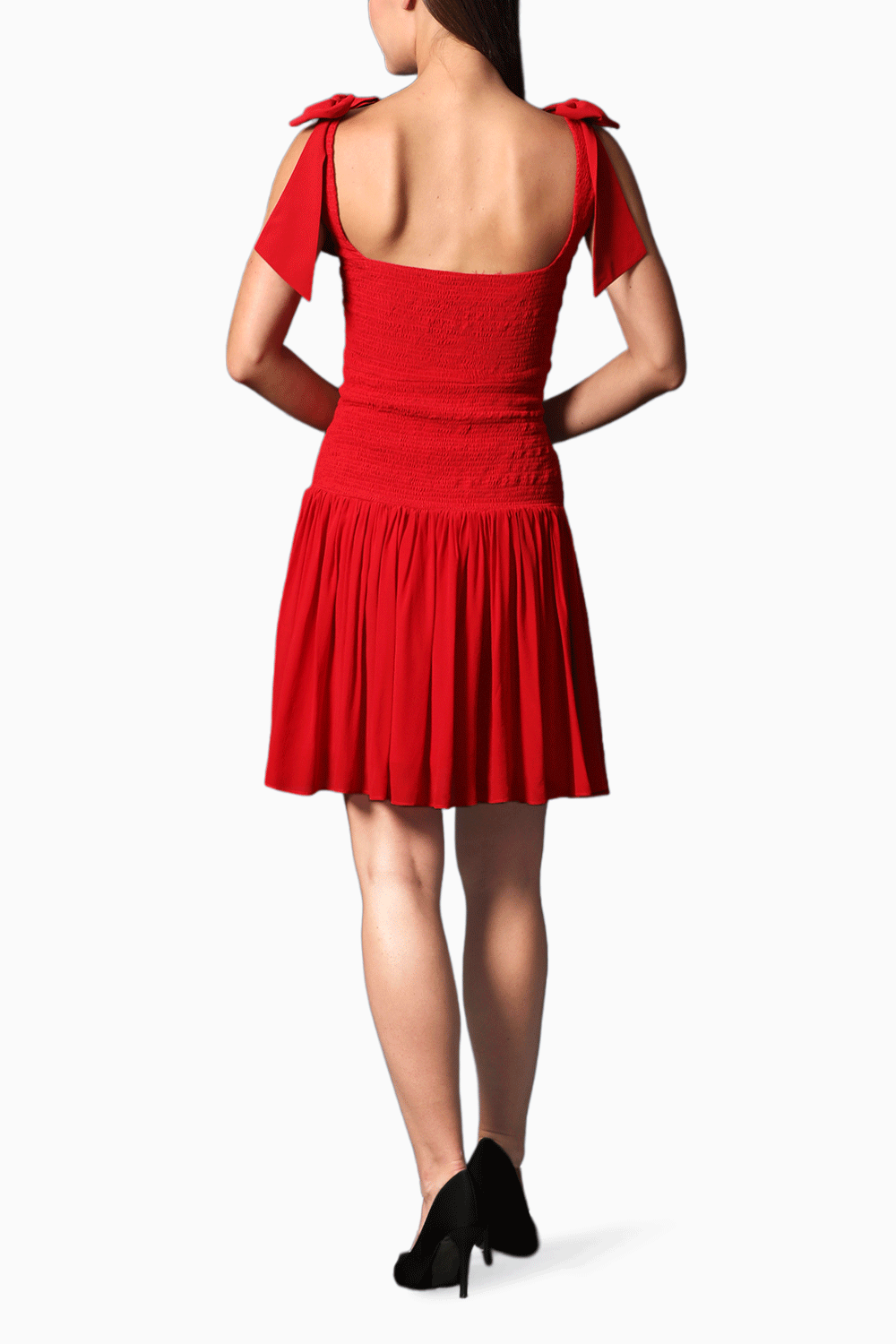 Red Square Neckline Smocking Dress