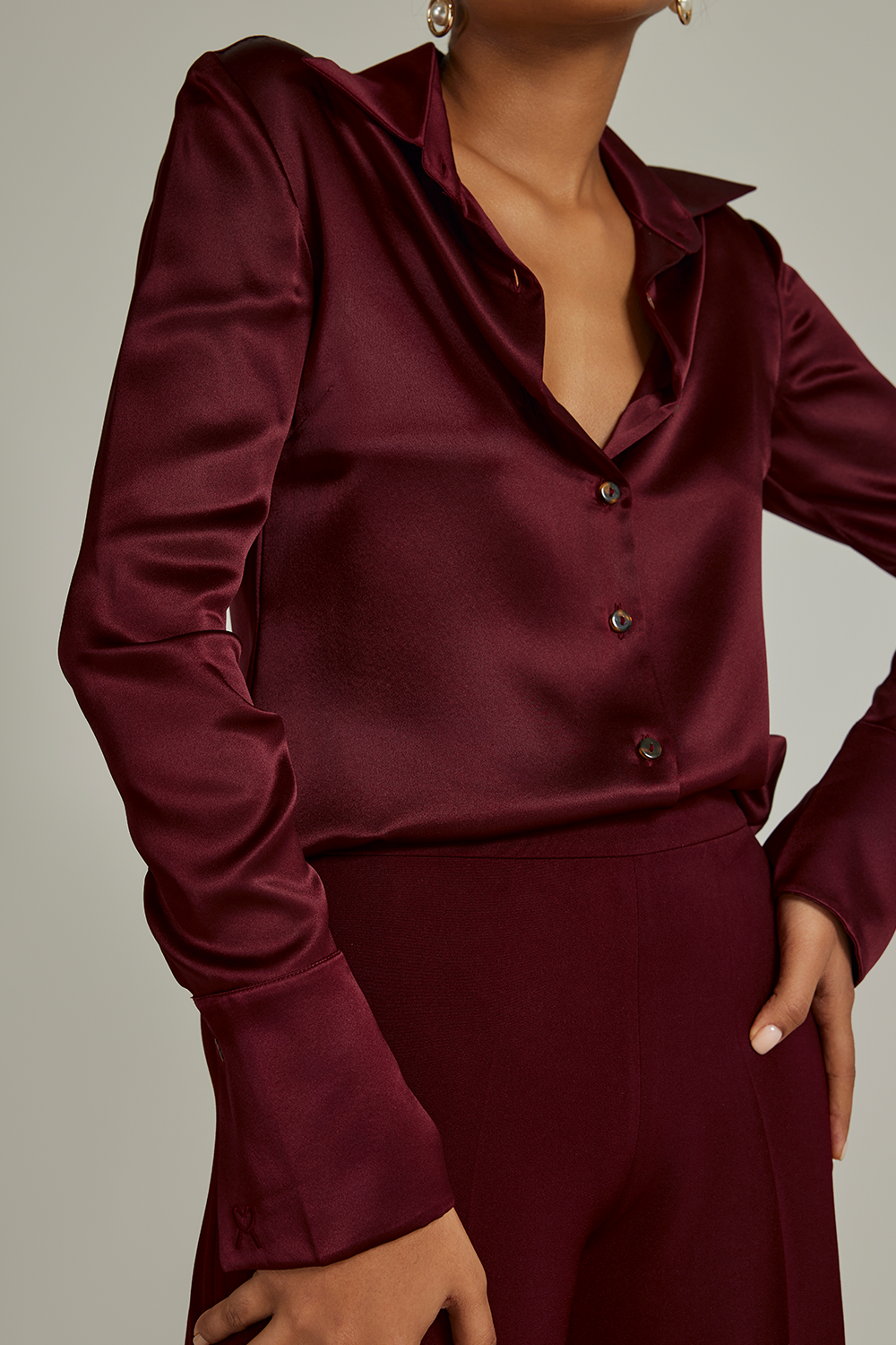 Burgundy Silk Long-Sleeved Shirt