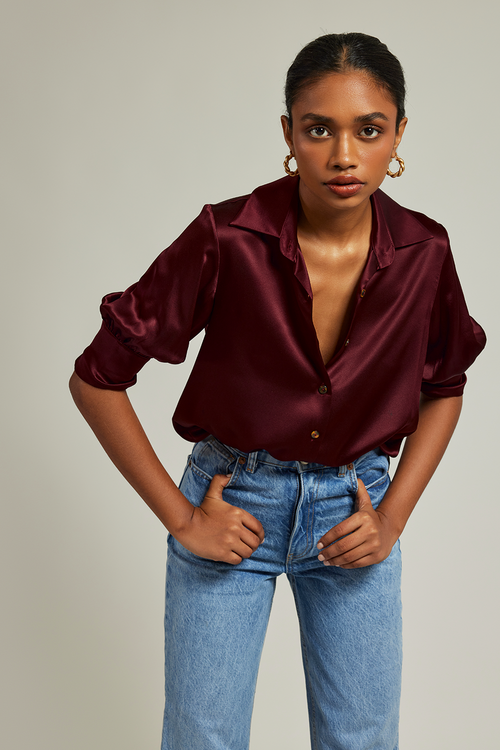 Burgundy Silk Short-Sleeved Shirt