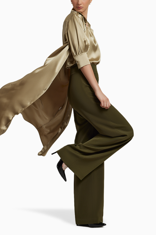 Military Green Stretch Suiting Wide-Leg Trousers
