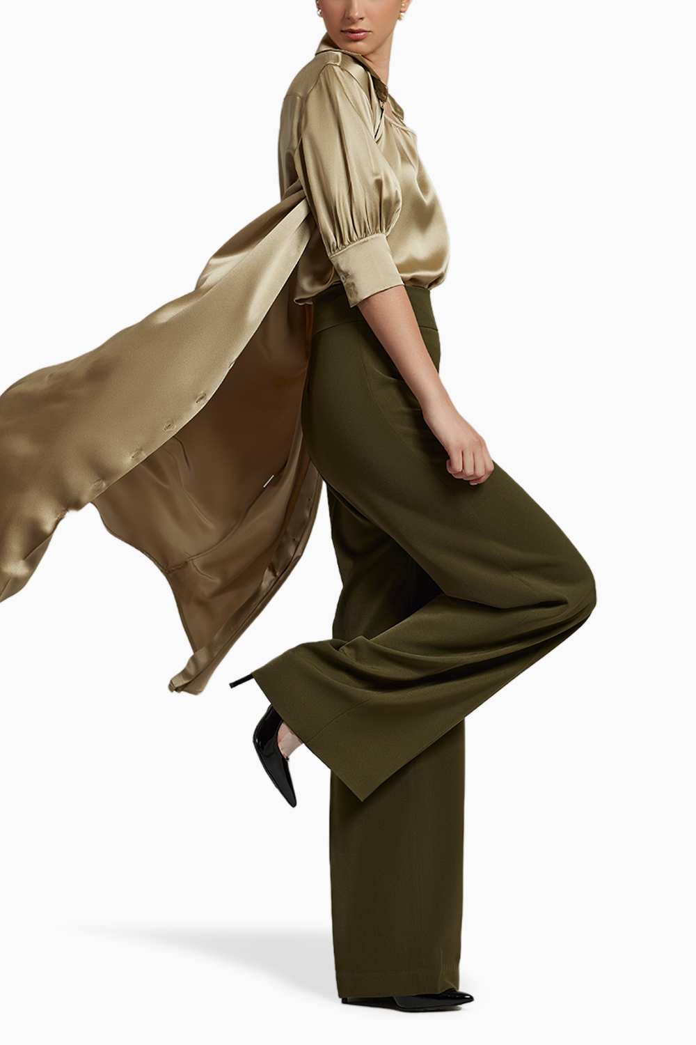 Military Green Stretch Suiting  Wide-Leg Trousers