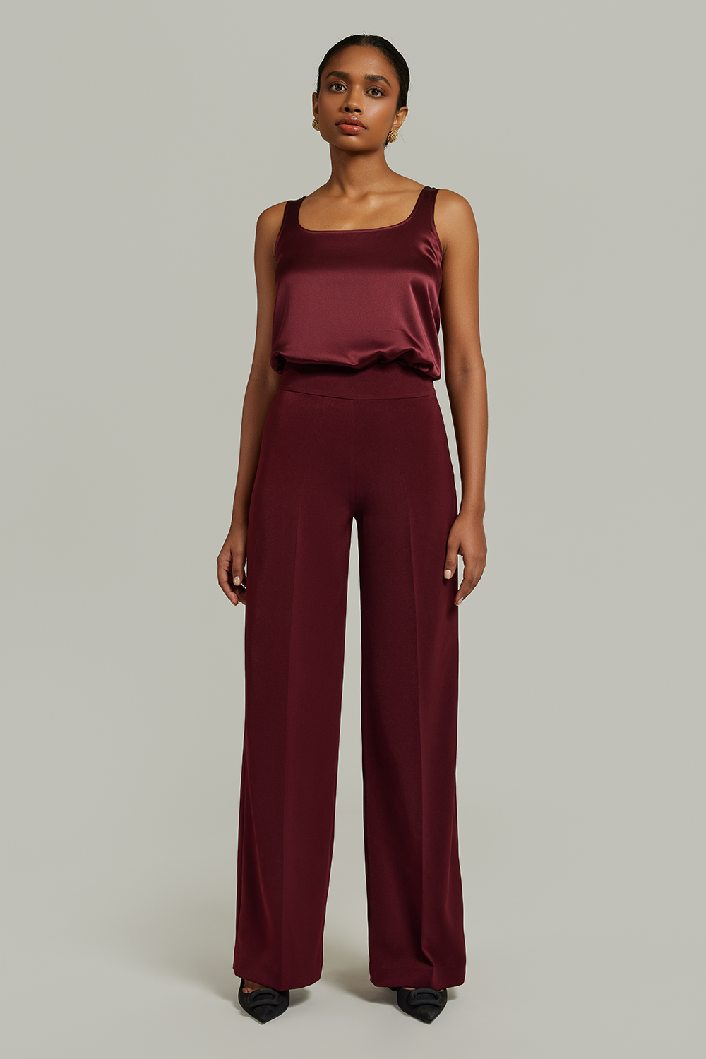 Burgundy Stretch Suiting  Wide-Leg Trousers