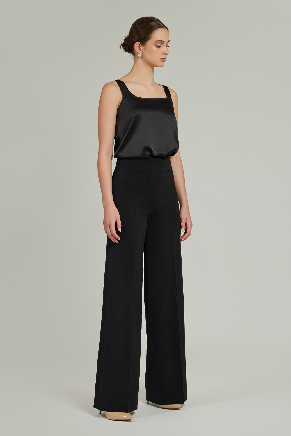 Black Stretch Suiting  Wide-Leg Trousers