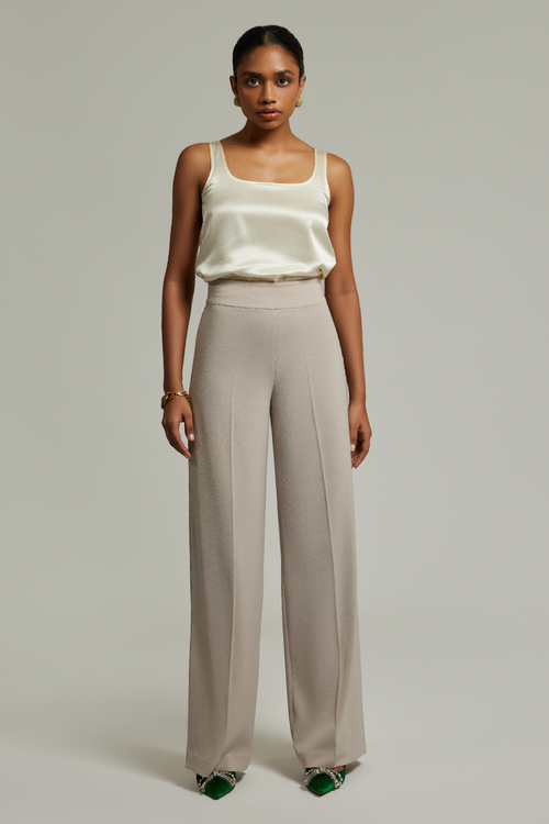 Beige Stretch Suiting Wide-Leg Trousers