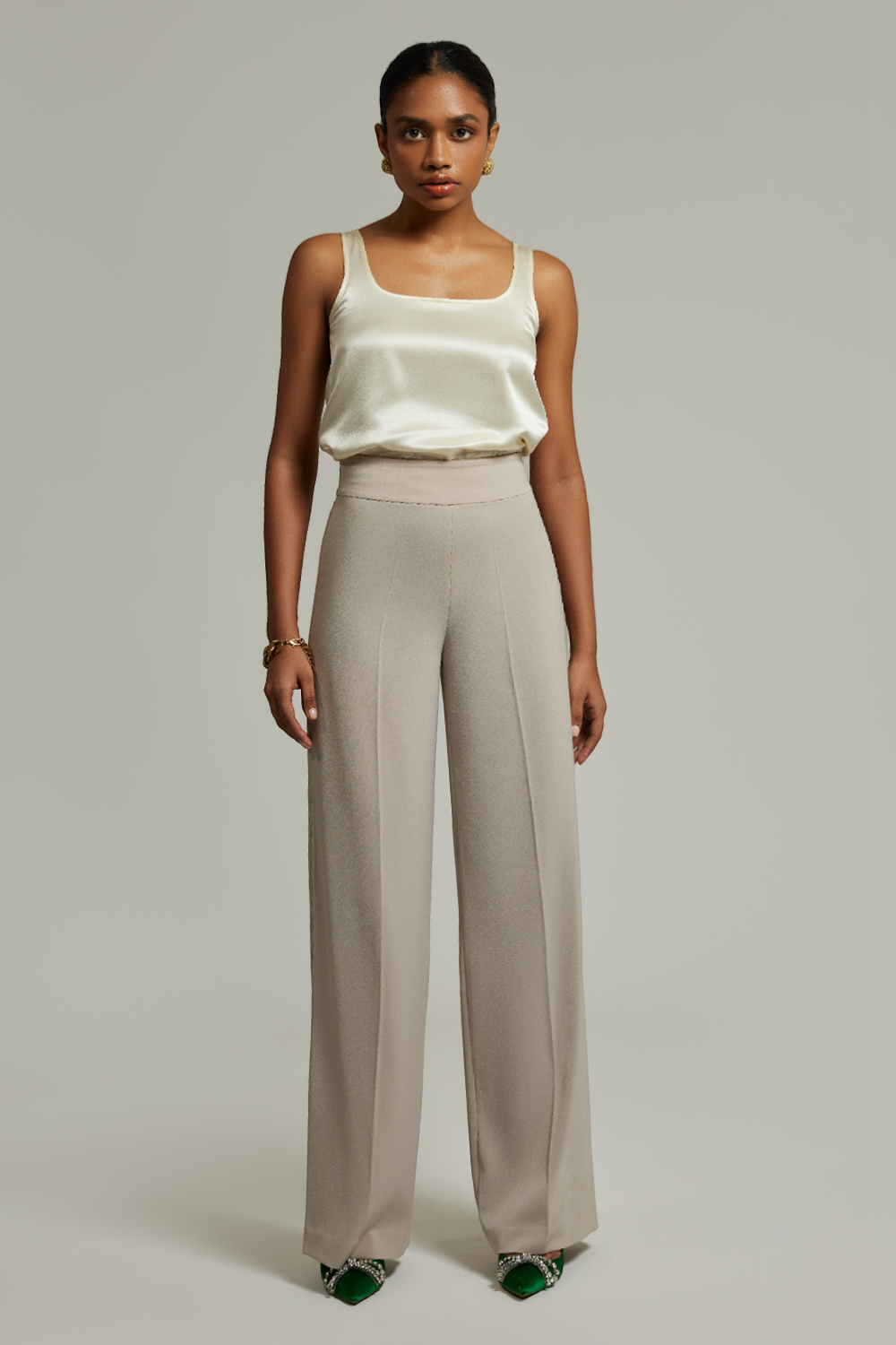 Beige Stretch Suiting  Wide-Leg Trousers