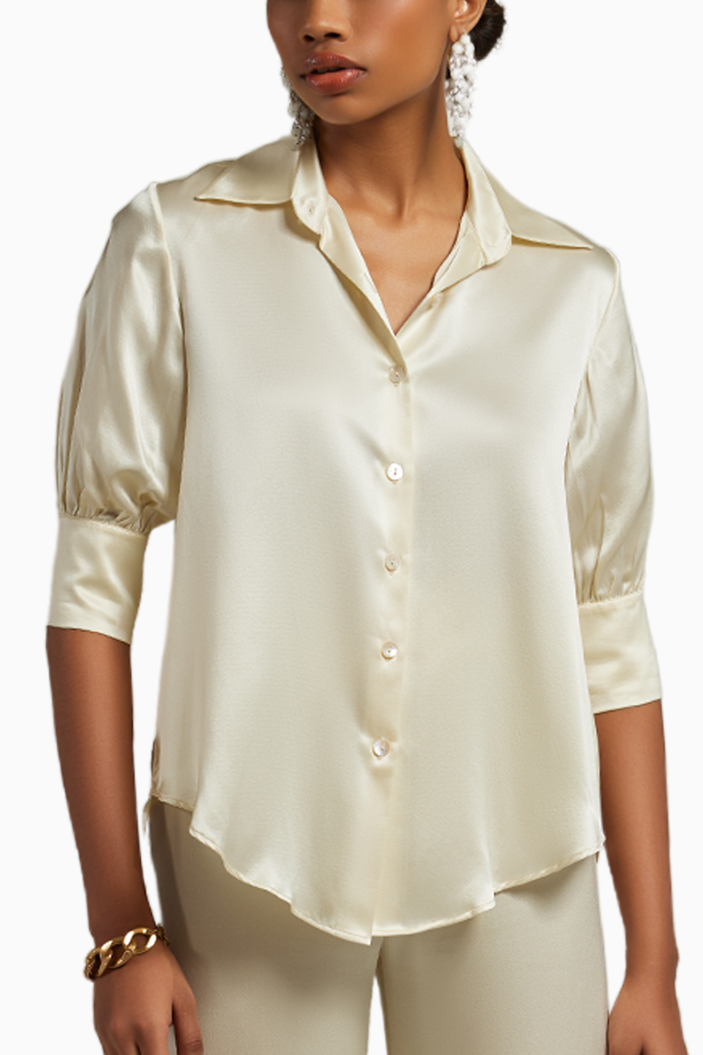 Cream Silk  Short-Sleeved Shirt