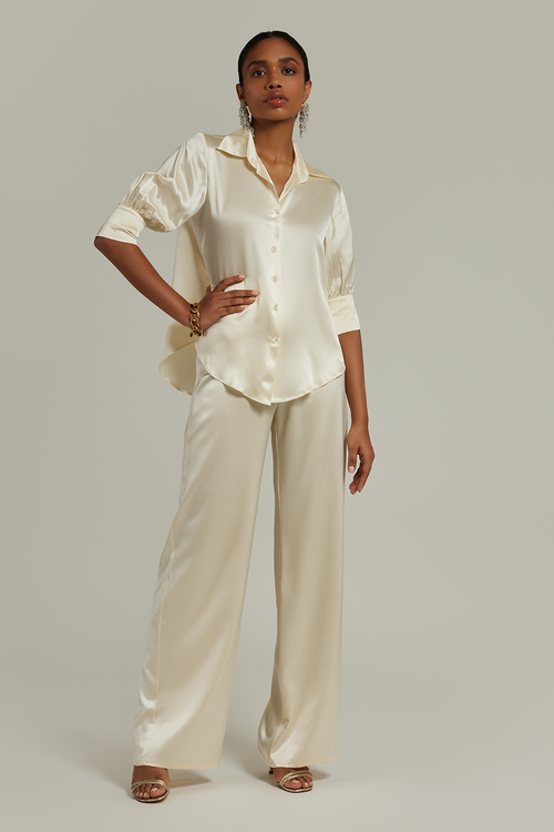Cream Silk Short-Sleeved Shirt