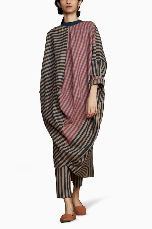 Ribbed Cowl Tunic Striped Brown Co-ord Set