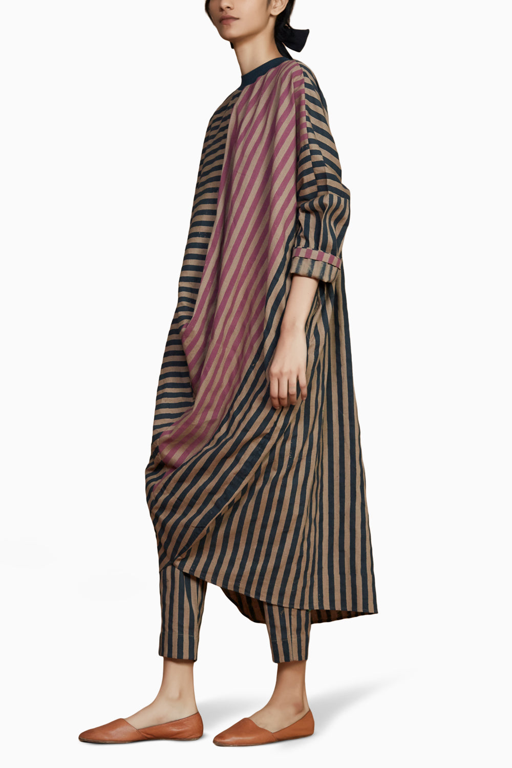 Ribbed Cowl Tunic Striped Brown Co-ord Set