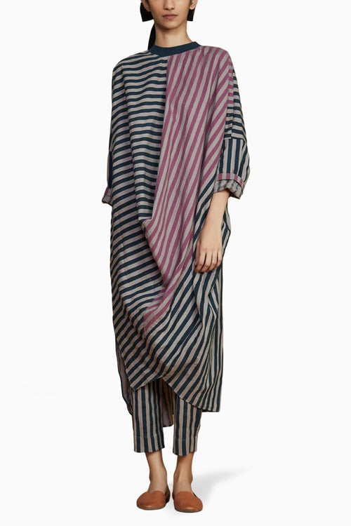 Ribbed Cowl Tunic Striped Grey Co-ord Set