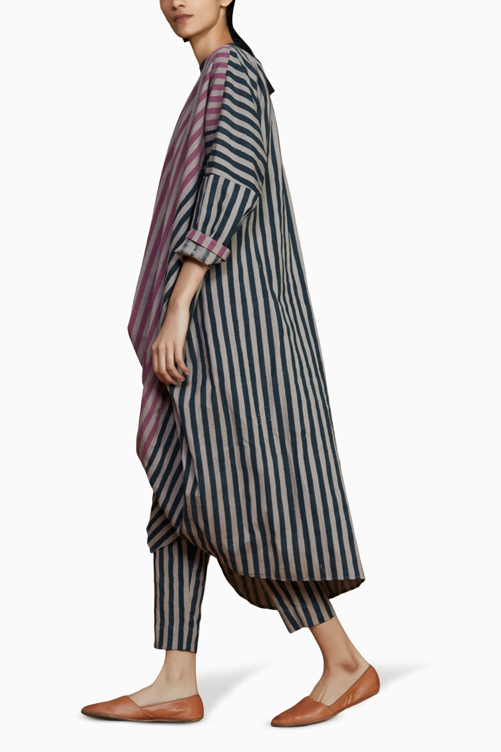 Ribbed Cowl Tunic Striped Grey Co-ord Set