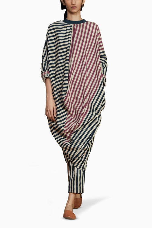 Ribbed Cowl Tunic Striped Black Co-ord Set