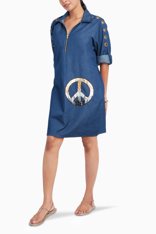 Denim Dress With Embroidery And Eyelets