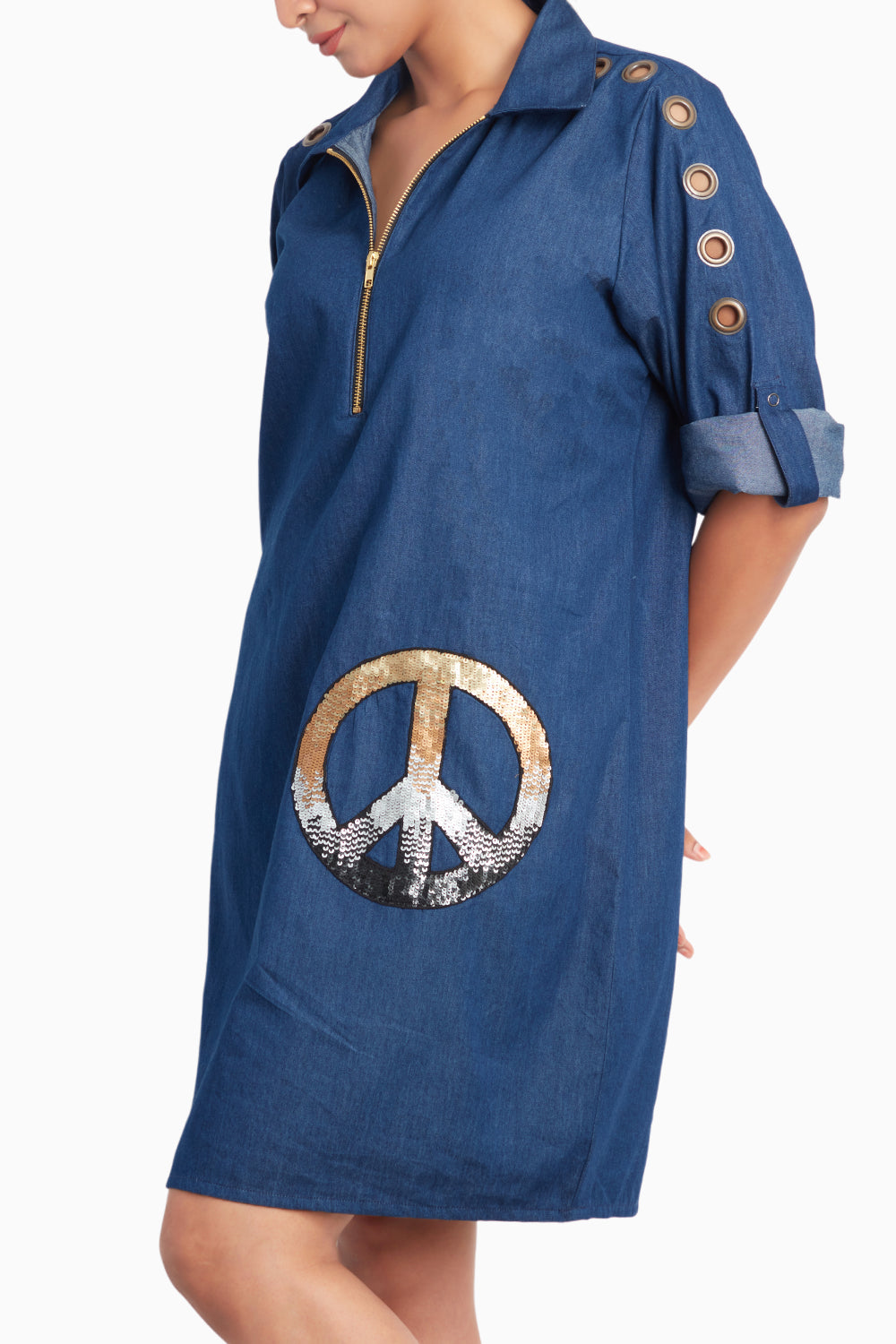 Denim Dress With Embroidery And Eyelets