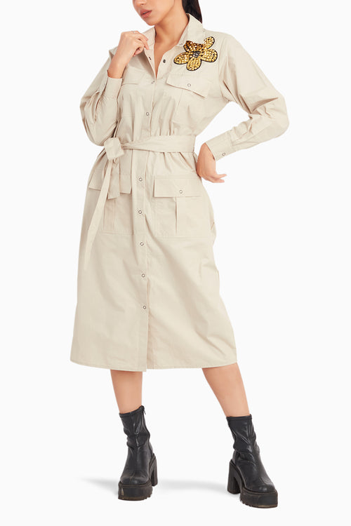Beige Dress With Embroidery And Belt