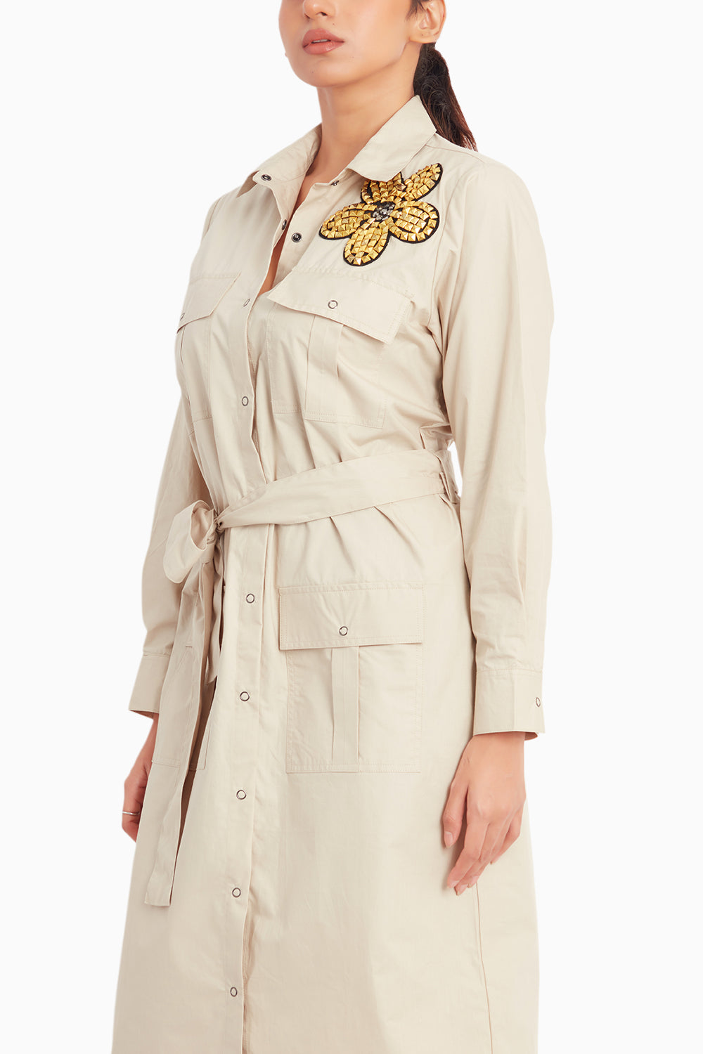 Beige Dress With Embroidery And Belt