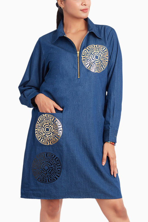 Denim One Piece Dress With Pocket And Applique