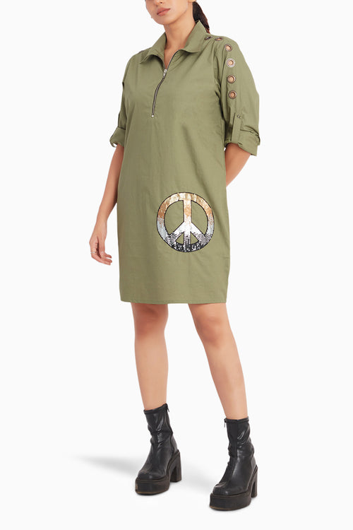 Olive Dress With Embroidery And Eyelets