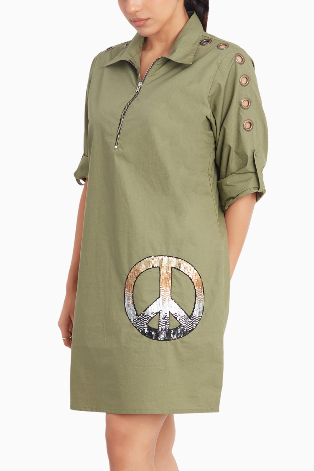 Olive Dress With Embroidery And Eyelets