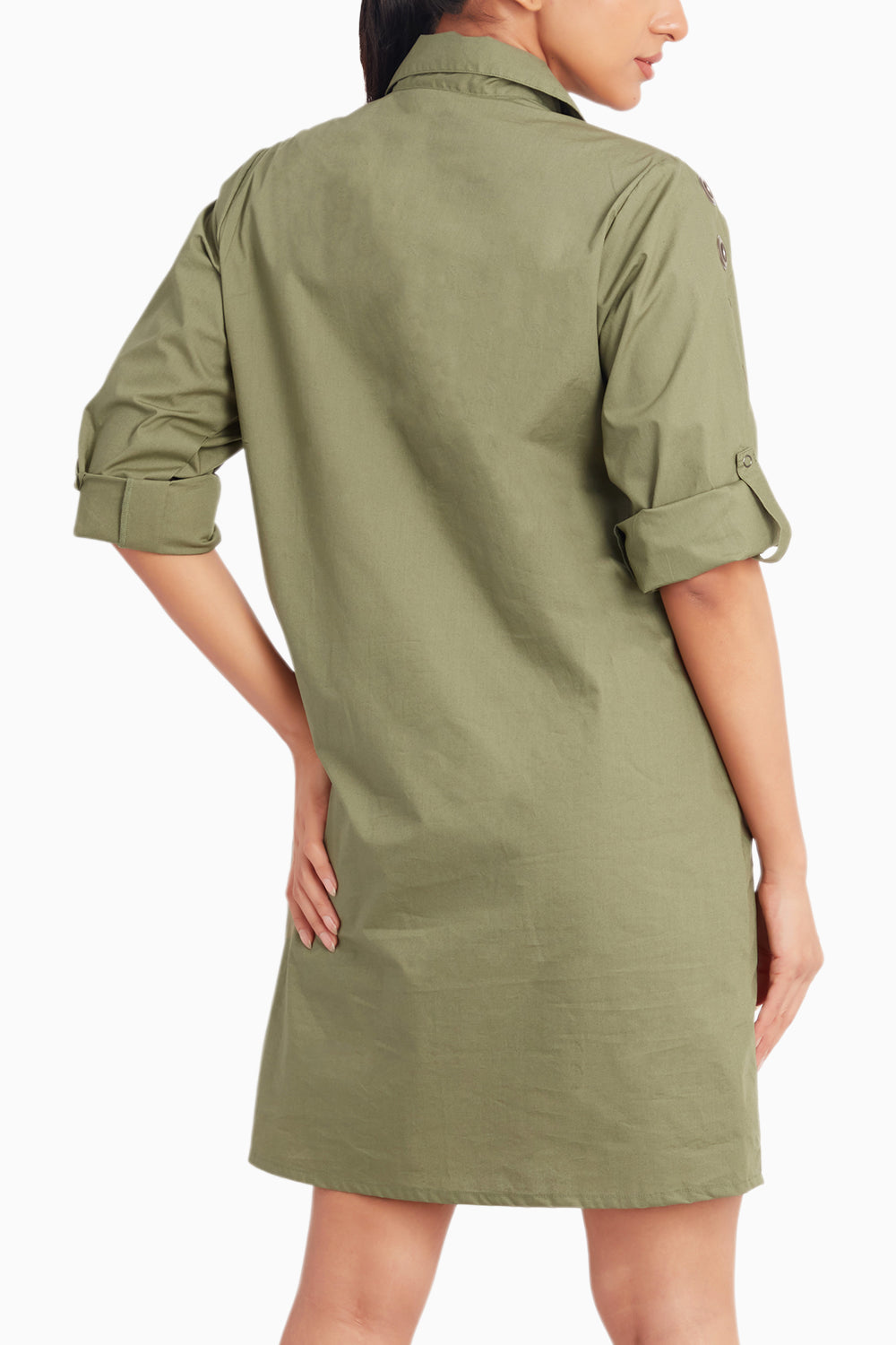 Olive Dress With Embroidery And Eyelets