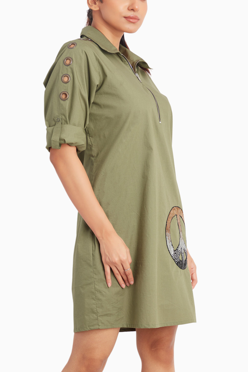 Olive Dress With Embroidery And Eyelets