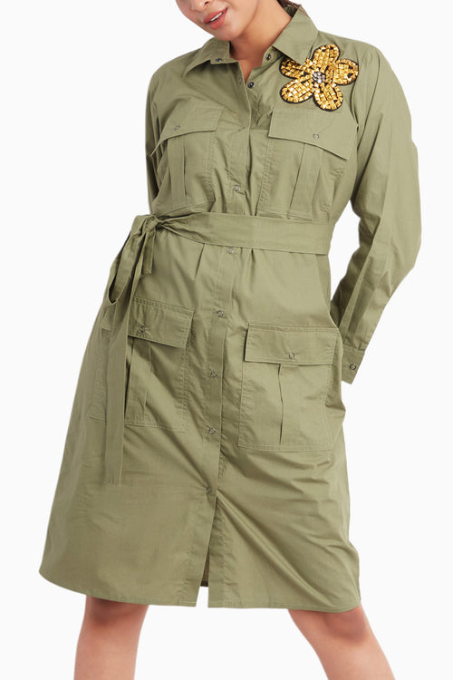 Olive Dress With Embroidery And Belt