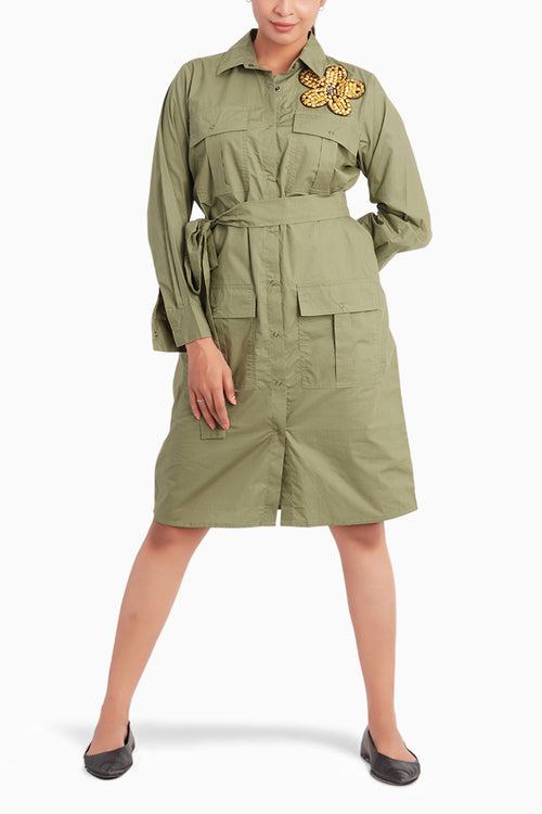 Olive Dress With Embroidery And Belt