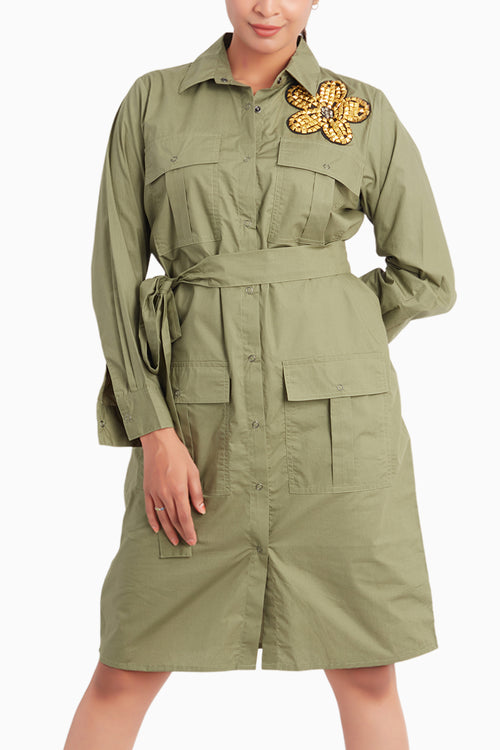 Olive Dress With Embroidery And Belt