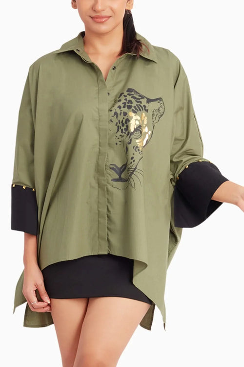 Olive Poncho Shirt With Leopard Foil