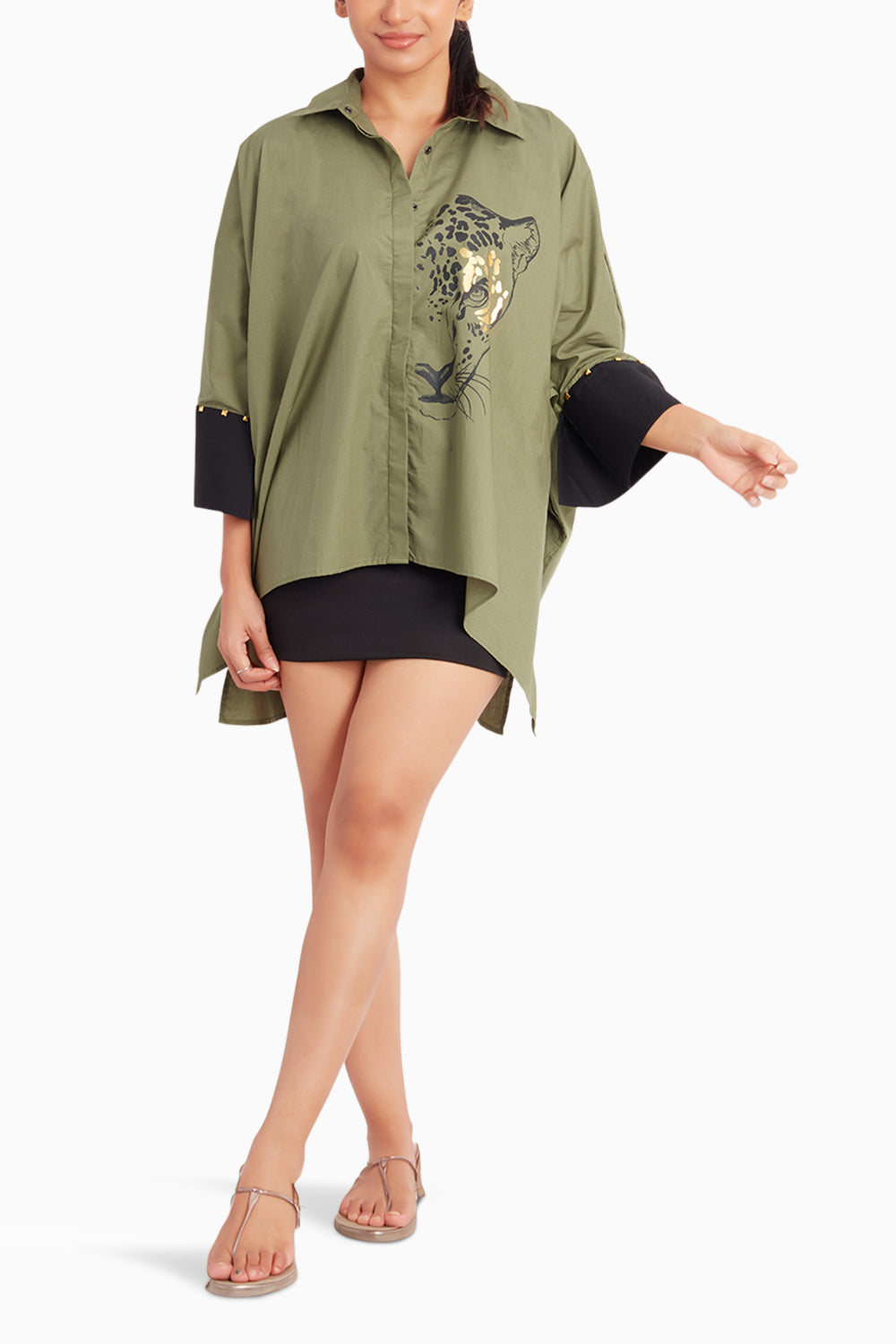 Olive Poncho Shirt With Leopard Foil