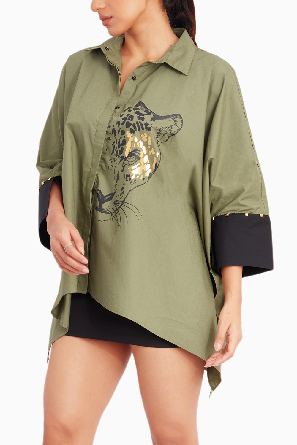 Olive Poncho Shirt With Leopard Foil