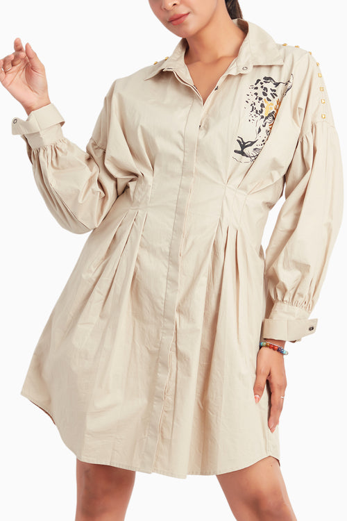 Beige Dress With Pleat Tucks And Foil Print
