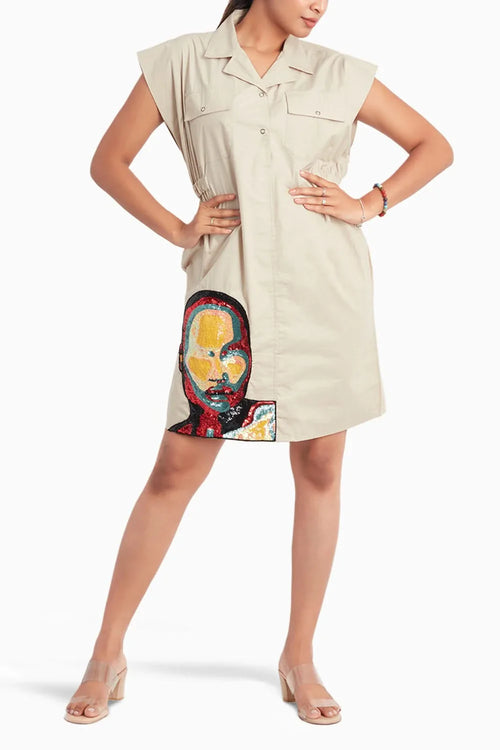 Beige Meghya Sleeve Dress With Embroidery