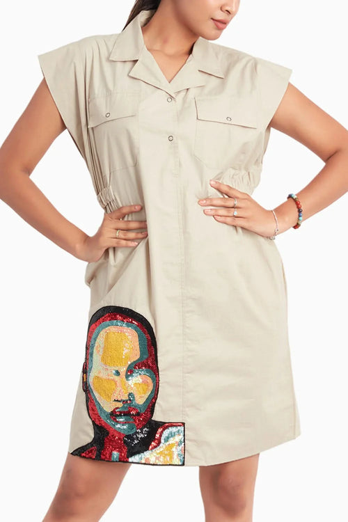 Beige Meghya Sleeve Dress With Embroidery