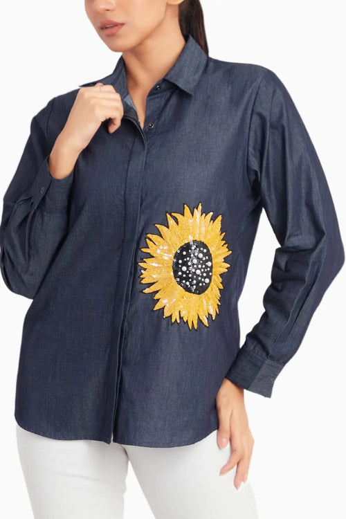 Denim Shirt With Sunflower Sequin