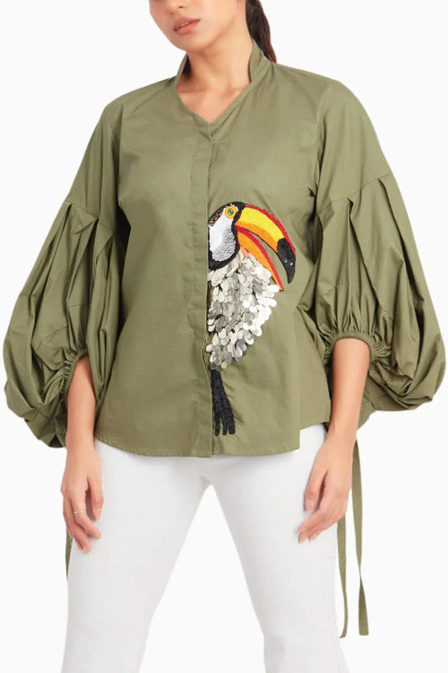 Olive Shirt With Balloon Sleeves