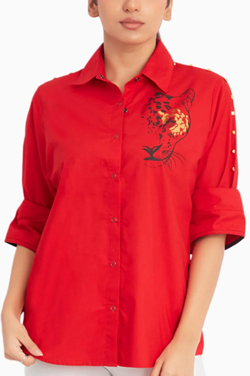 Cotton Shirt With Leopard Foil Print