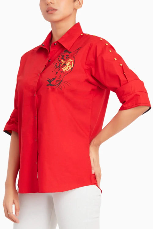 Cotton Shirt With Leopard Foil Print