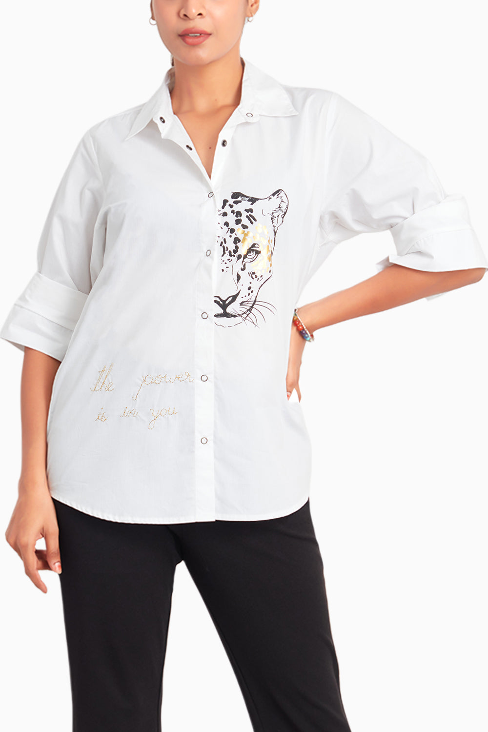 Leopard Print Cotton White Shirt