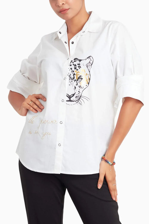 Leopard Print Cotton White Shirt