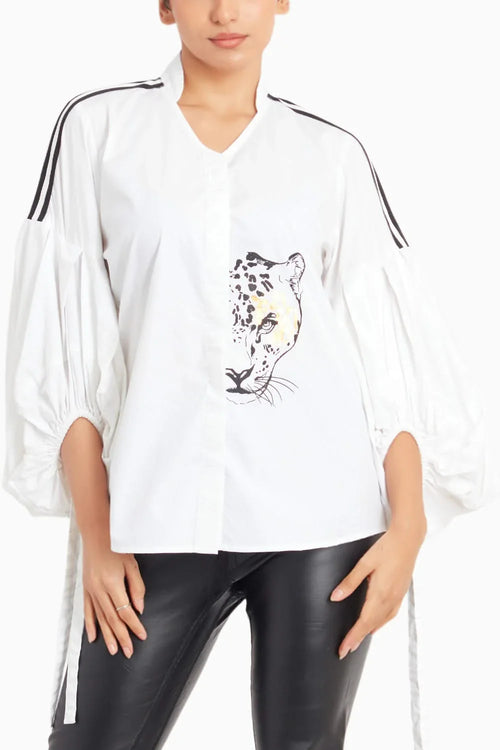 White Comfort Fit Cotton Shirt With Foil Print