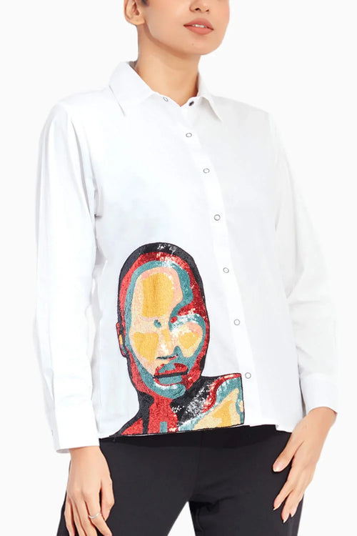 White Comfort Fit Cotton Shirt With Embroidery