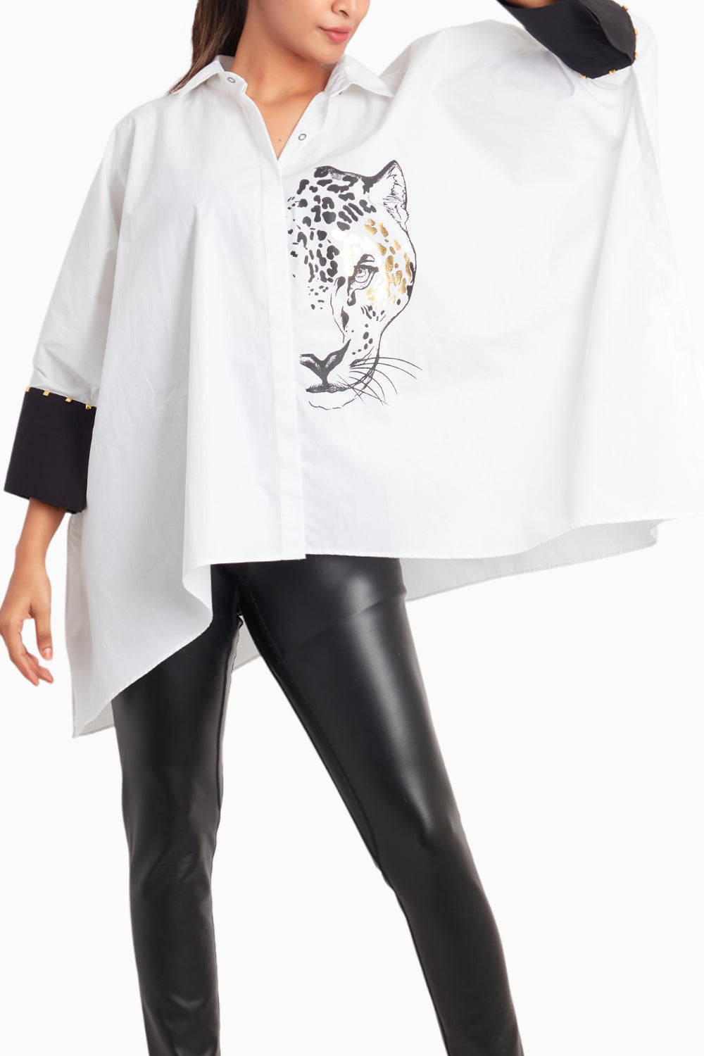 White Loose Fit Cotton Poncho Shirt With Foil Print