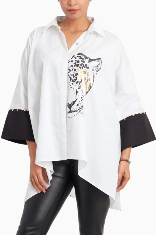 White Loose Fit Cotton Poncho Shirt With Foil Print