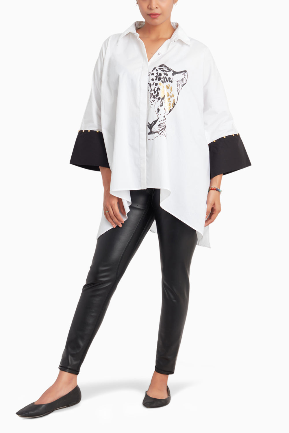 White Loose Fit Cotton Poncho Shirt With Foil Print