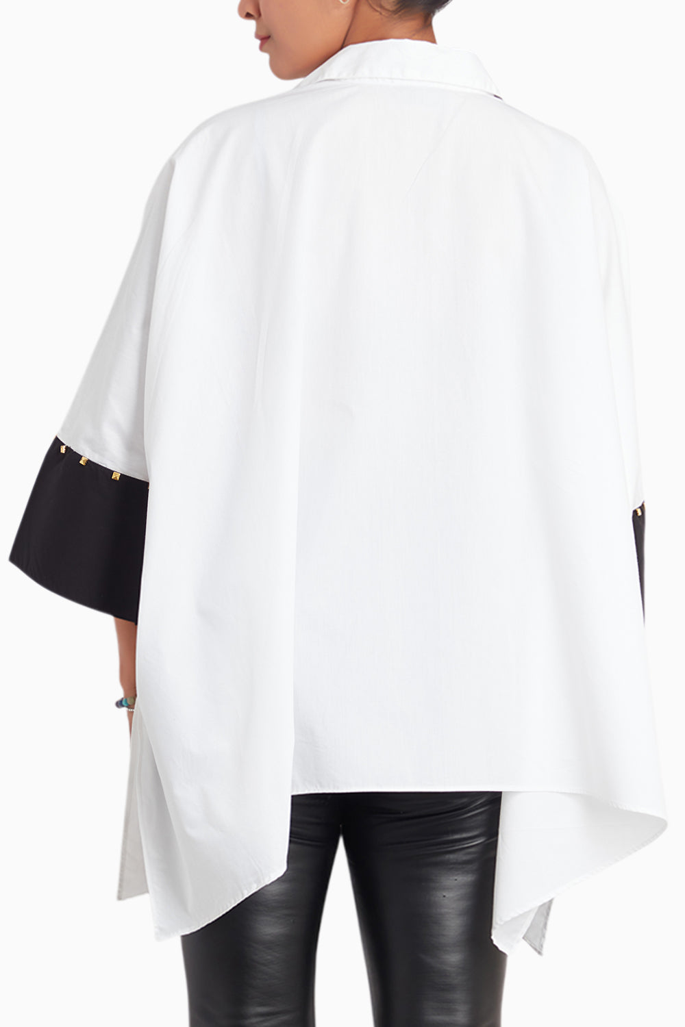 White Loose Fit Cotton Poncho Shirt With Foil Print