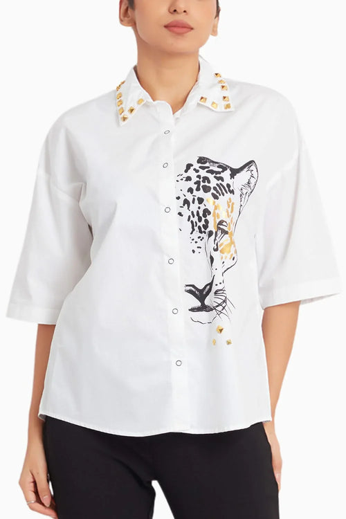Cotton Shirt With Foil Print And Studs