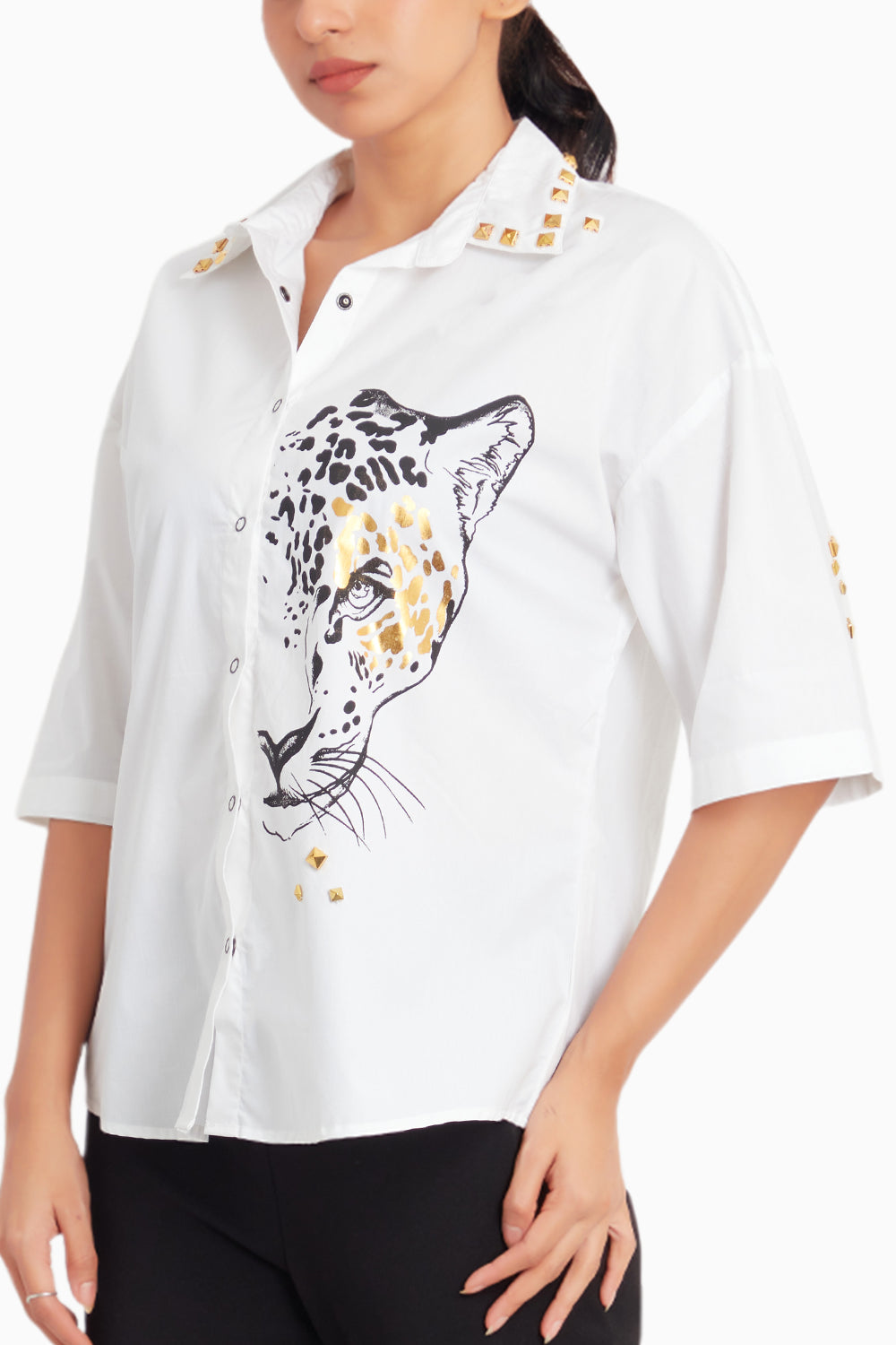 Cotton Shirt With Foil Print And Studs