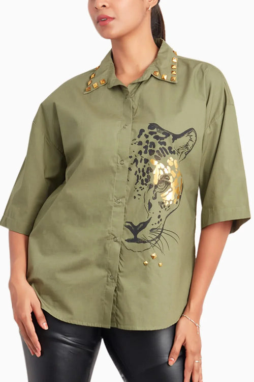 Olive Shirt With Foil Print And Studs